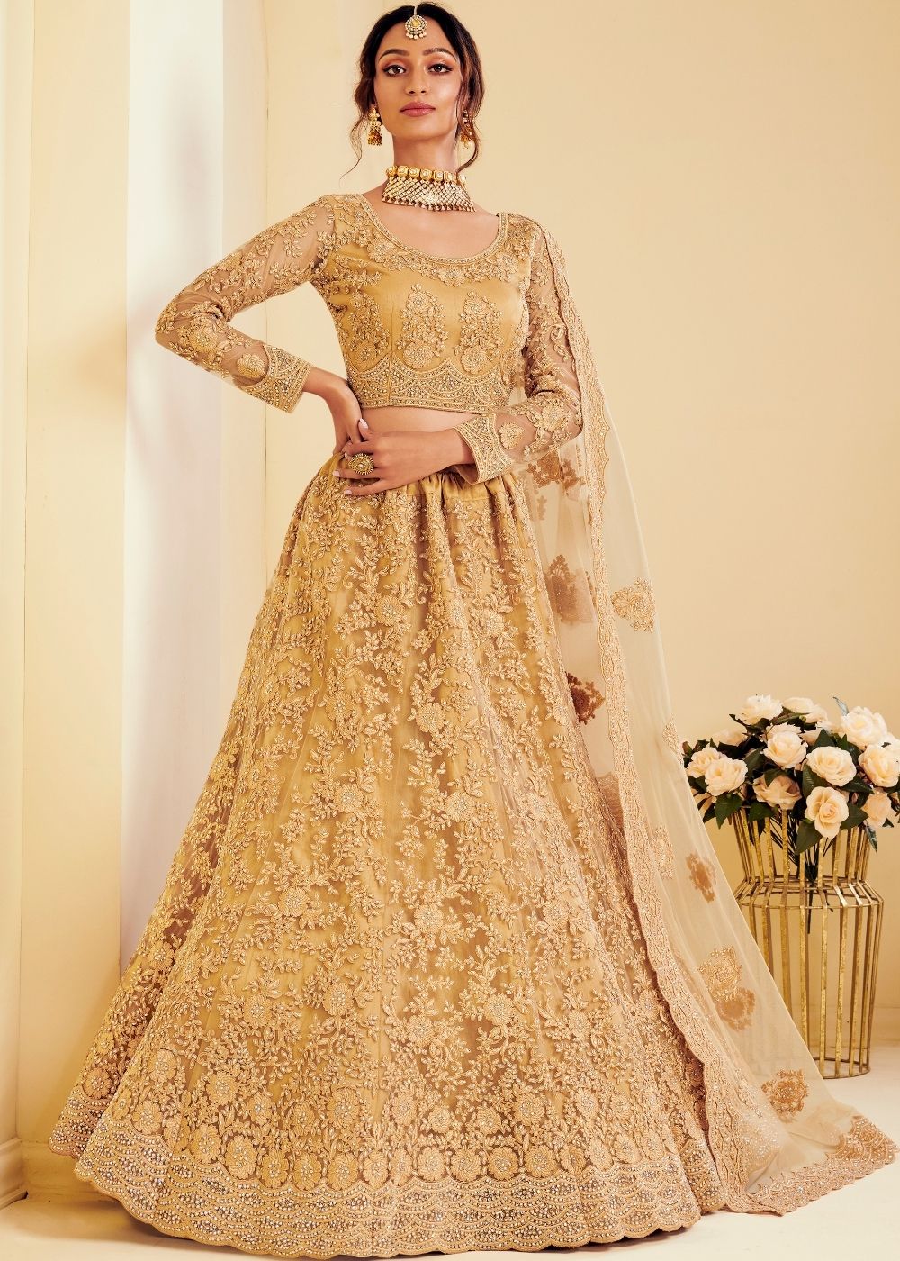 Antique Golden Soft Net Lehenga Choli with Cording Embroidery &  Stone work