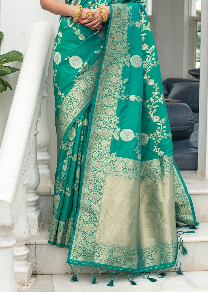 Teal Blue Soft Banarasi Silk Saree with Floral Zari work