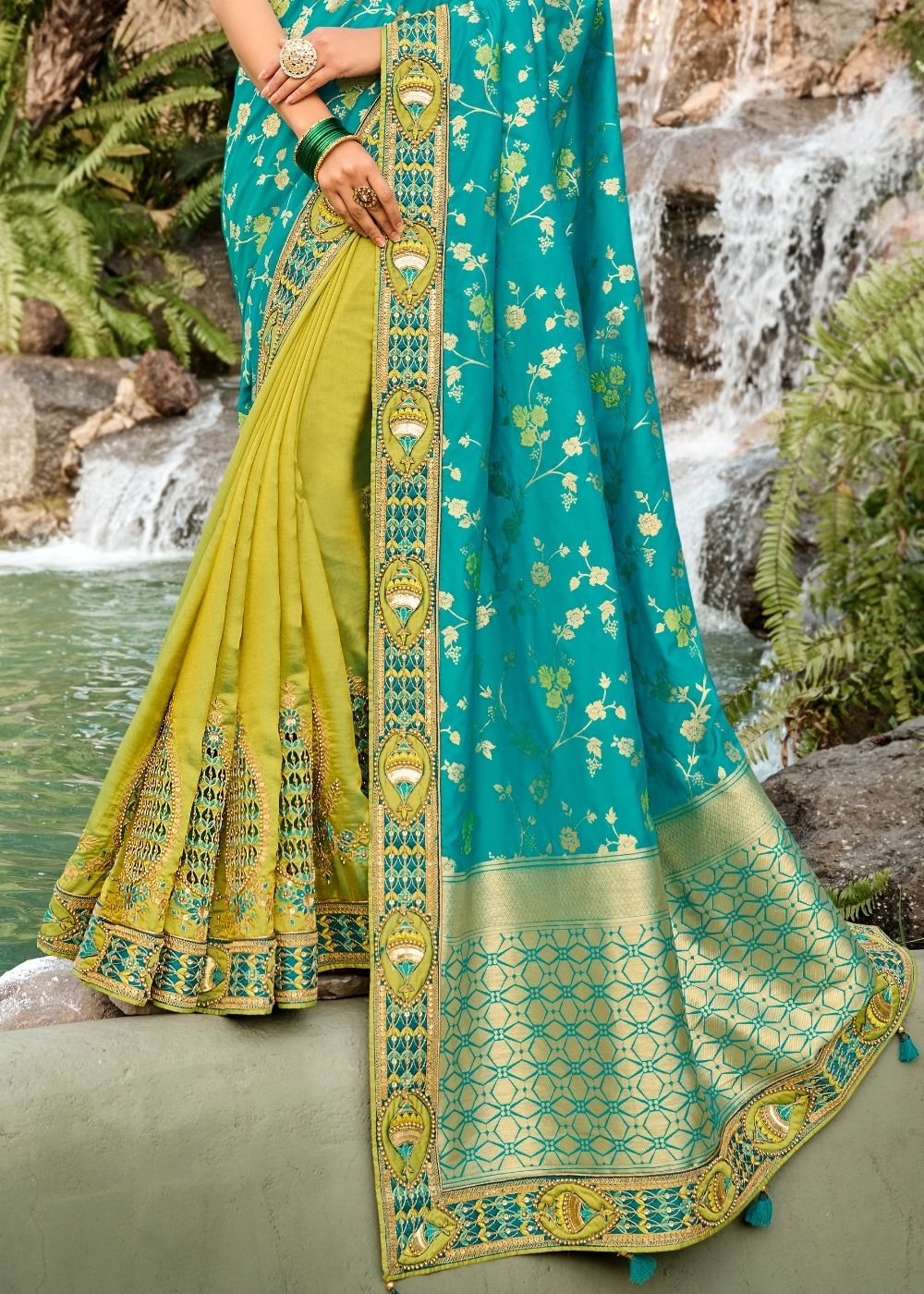 Green and Blue Half N Half Silk Saree with Embroidered work