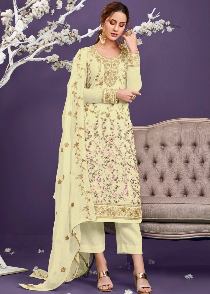 Banana Yellow Georgette Salwar Suit with Thread, Zari & Sequence work