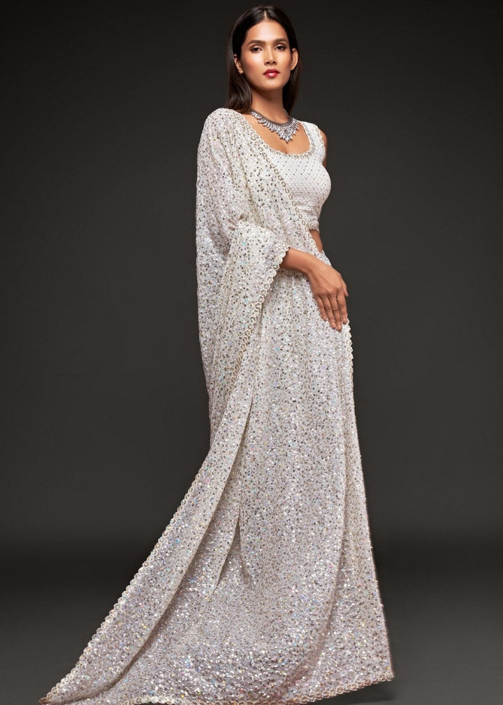 Pearl White Sequins & Thread Embroidered Designer Georgette Saree: Top Pick