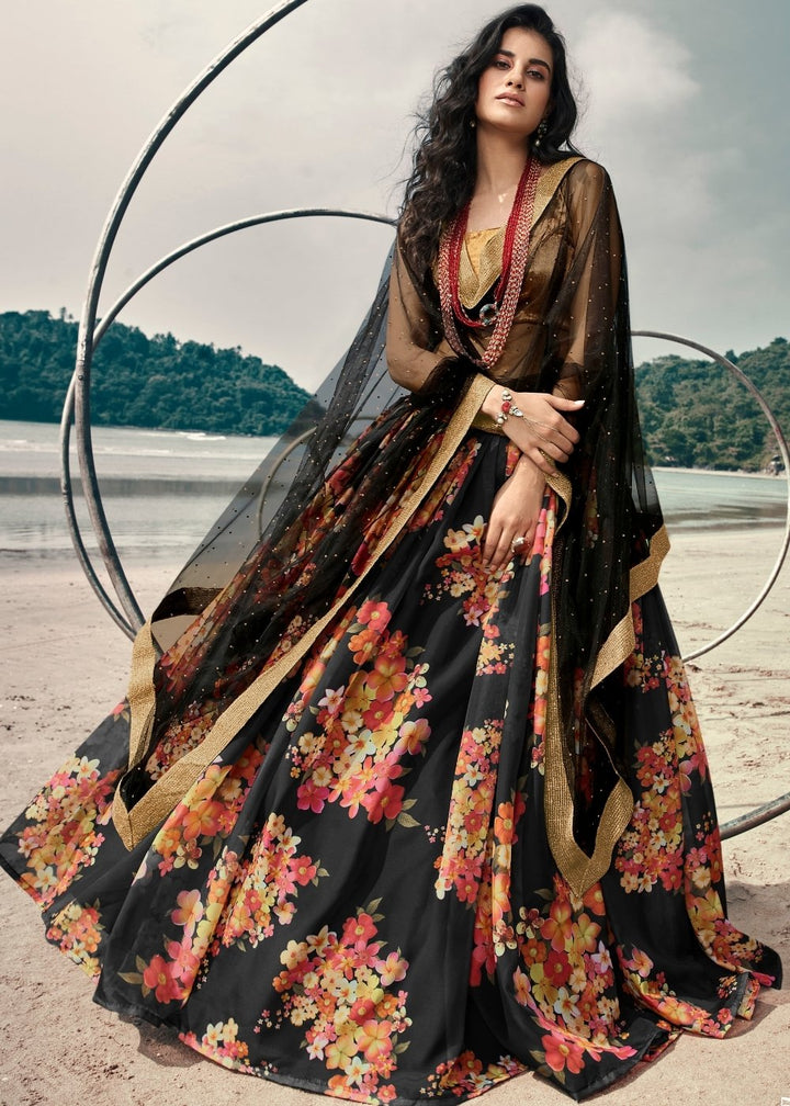 Onyx Black Designer Printed Organza Lehenga with Soft Net Dupatta