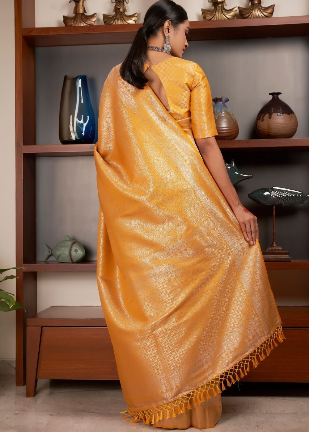 Gold Yellow Silver Zari work Kanjivaram Silk Saree