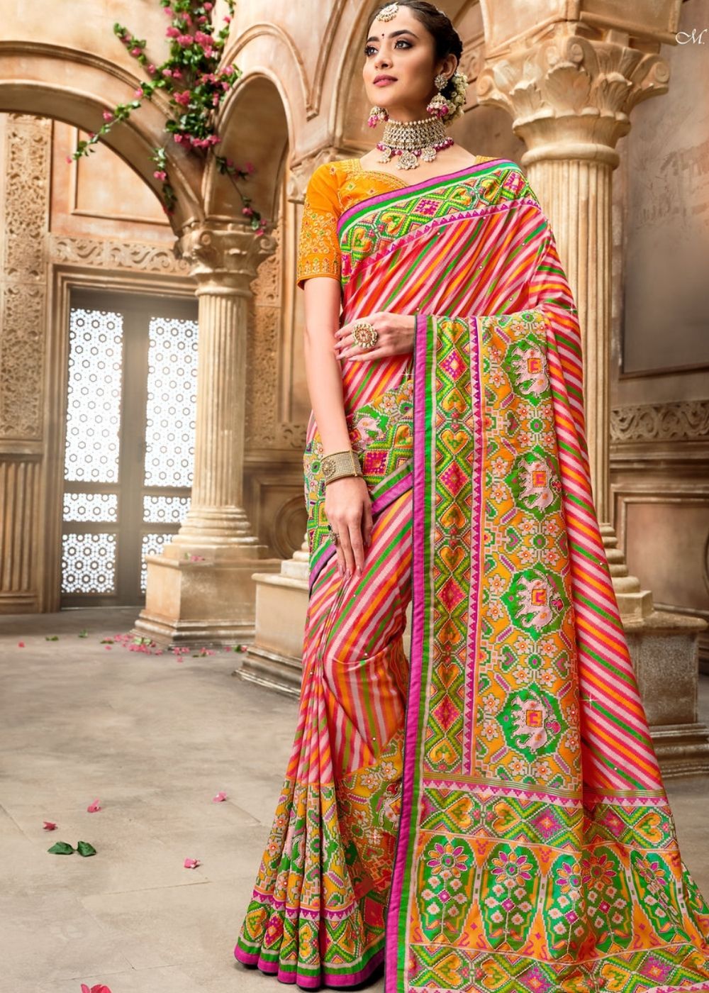 Rouge Pink Patola Silk Saree with Mirror Khatli and Cut-Dana work