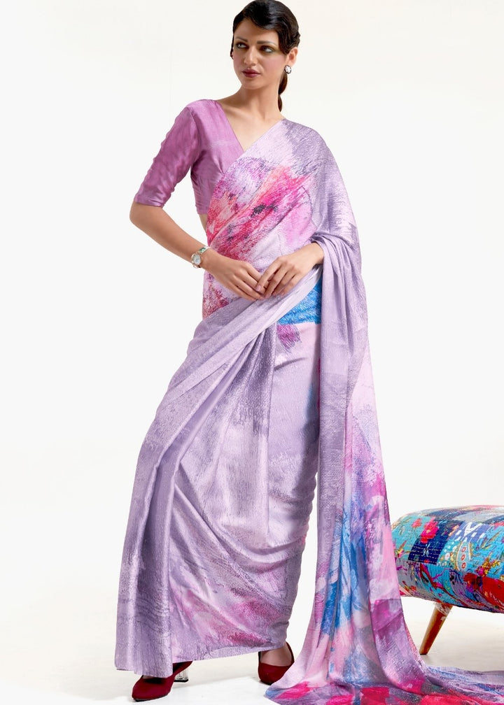 Periwinkle Purple Digital Printed Satin Crepe Saree