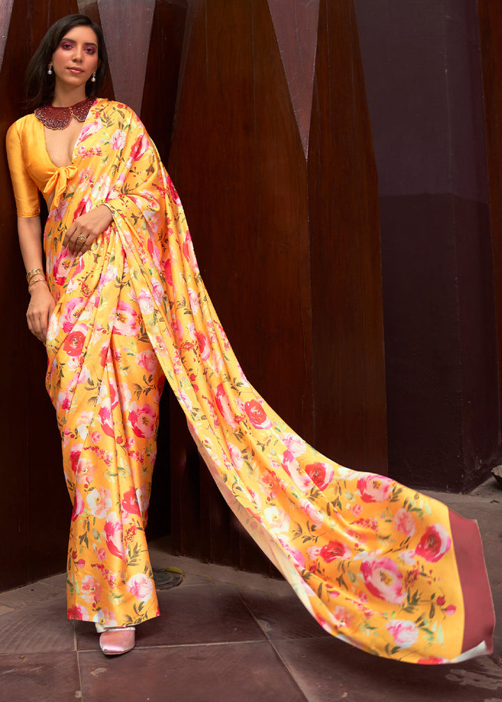 Saffron Yellow Floral Printed Satin Crepe Saree