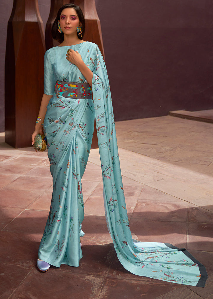 Frost Blue Floral Printed Satin Crepe Saree