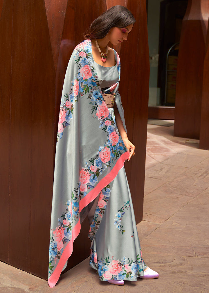 Metal Grey Floral Printed Satin Crepe Saree