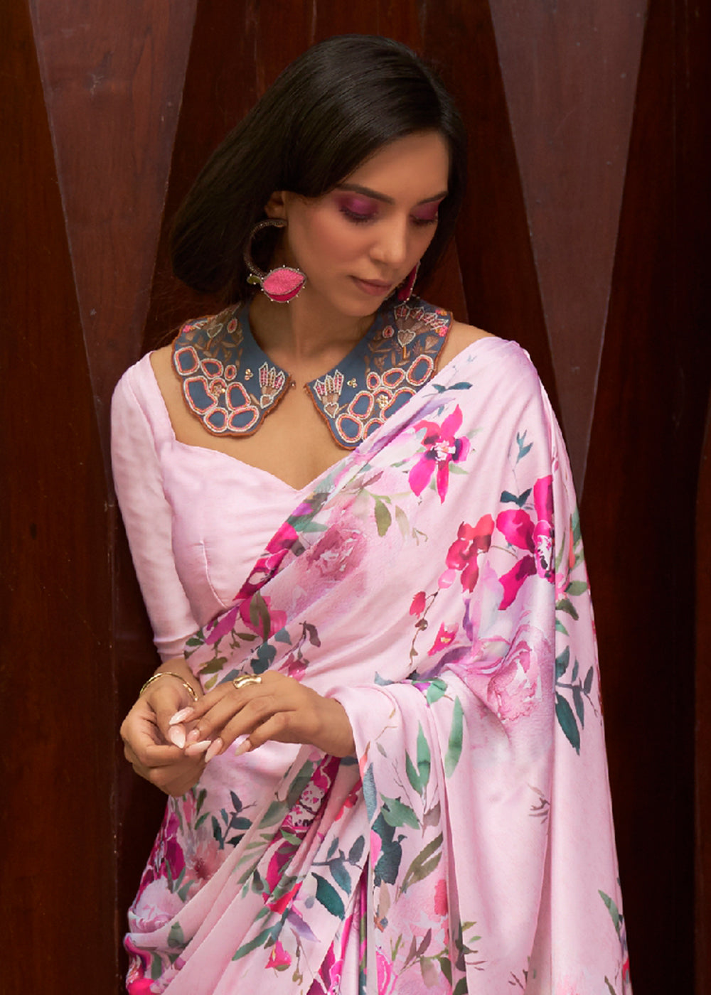 Blush Pink Floral Printed Satin Crepe Saree : Top Pick