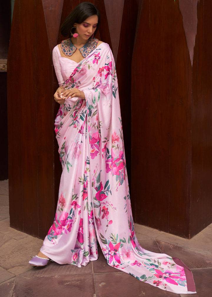 Blush Pink Floral Printed Satin Crepe Saree : Top Pick