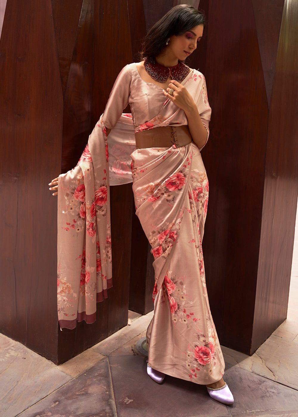 Shades Of Brown Floral Printed Satin Crepe Saree