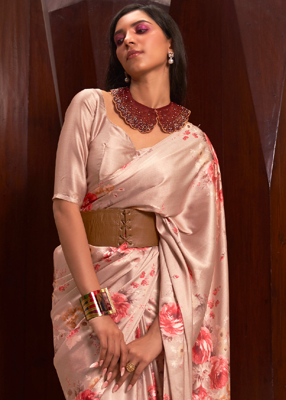 Shades Of Brown Floral Printed Satin Crepe Saree