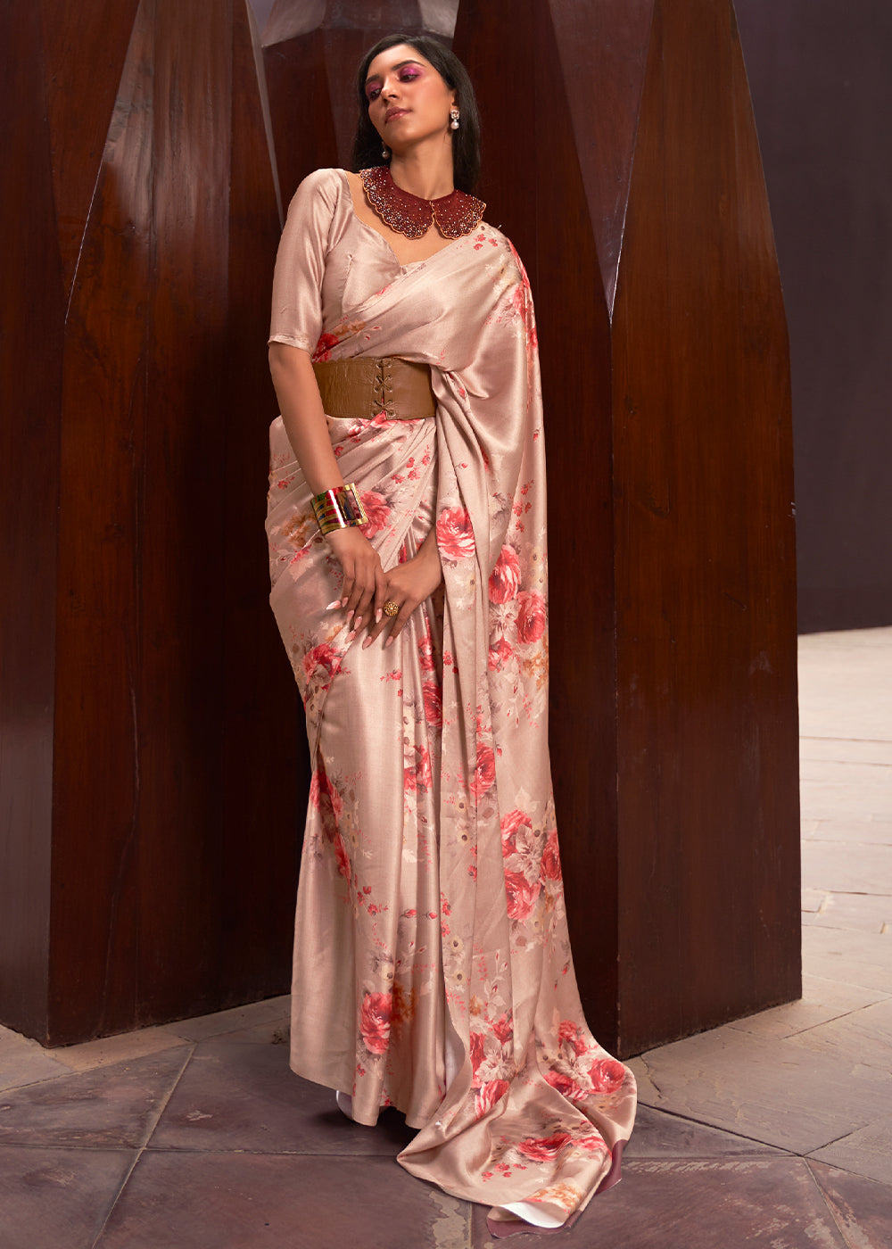 Shades Of Brown Floral Printed Satin Crepe Saree