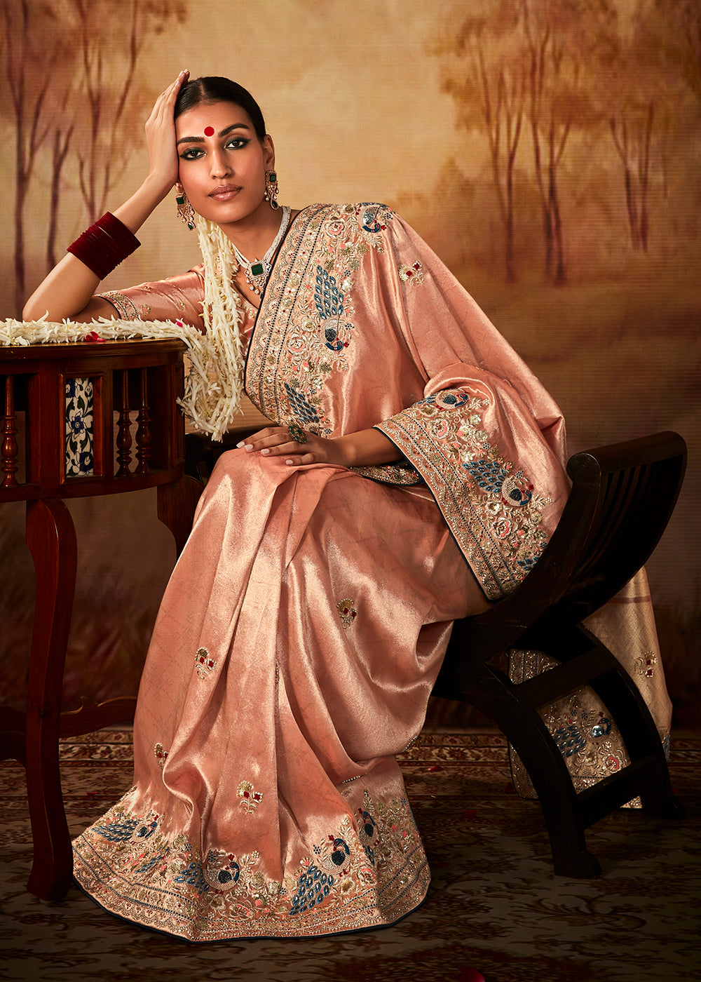 Light Peach Pink Woven Banarasi Silk Saree with Sequin,Stone,Zardosi,Khatli & Pearl work