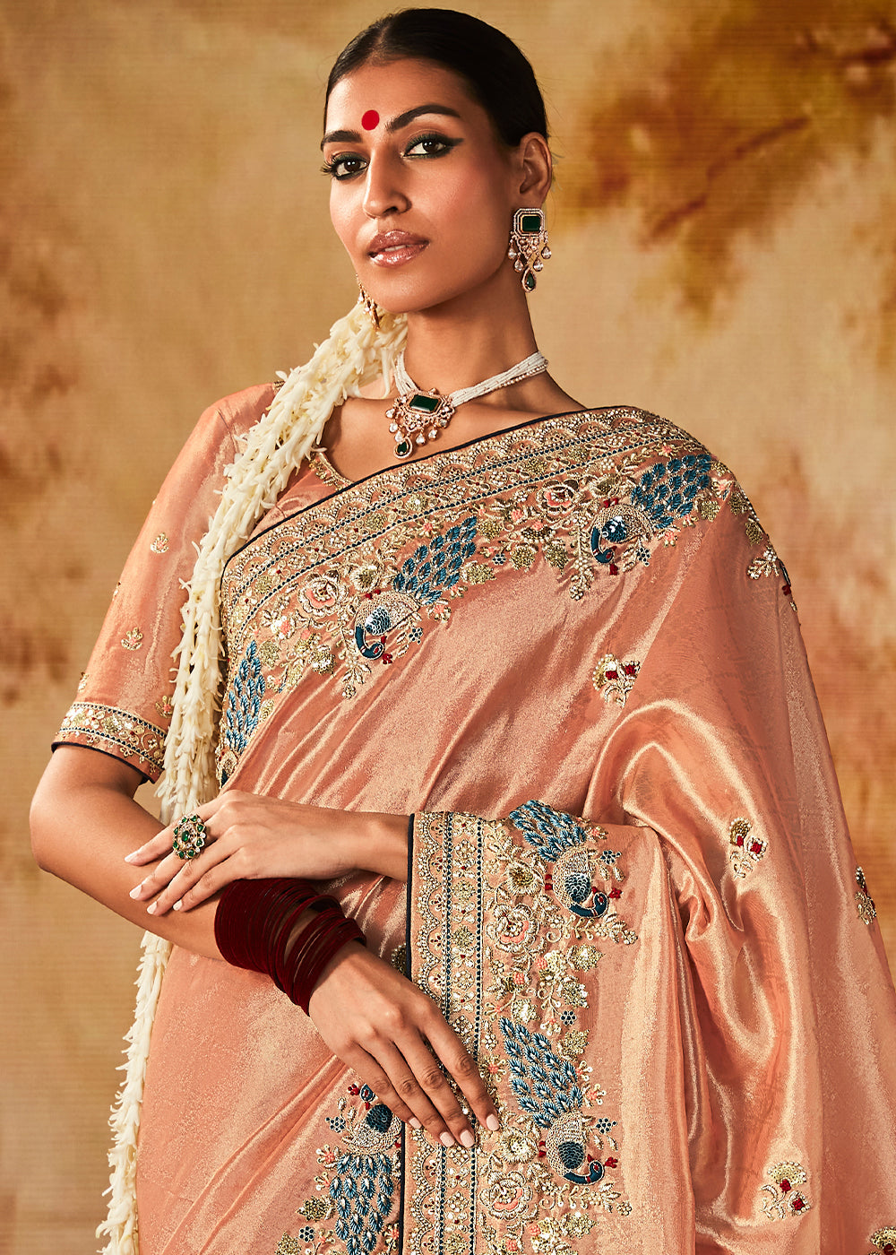 Light Peach Pink Woven Banarasi Silk Saree with Sequin,Stone,Zardosi,Khatli & Pearl work