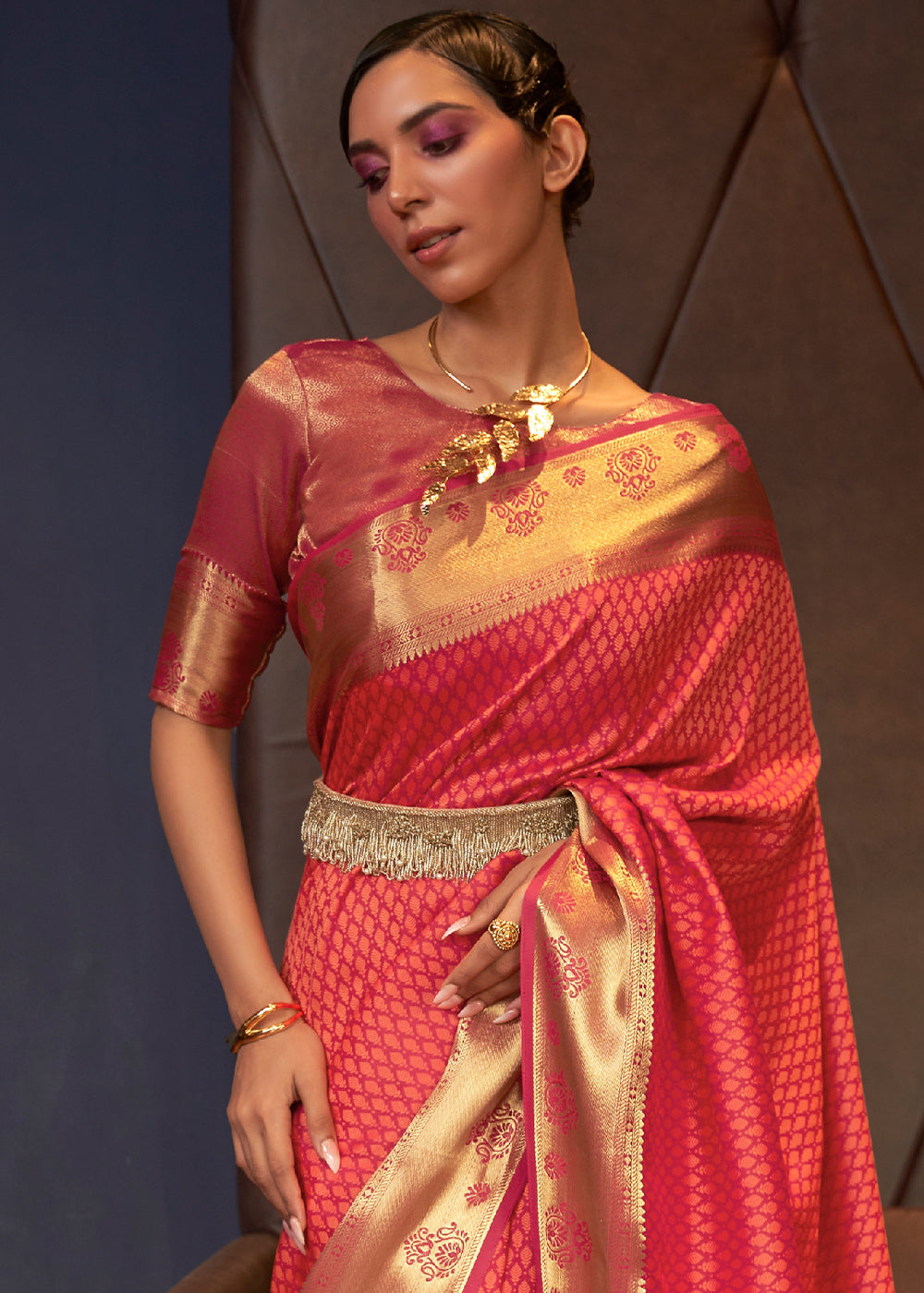 Shades Of Red Handloom Woven Banarasi Silk Saree