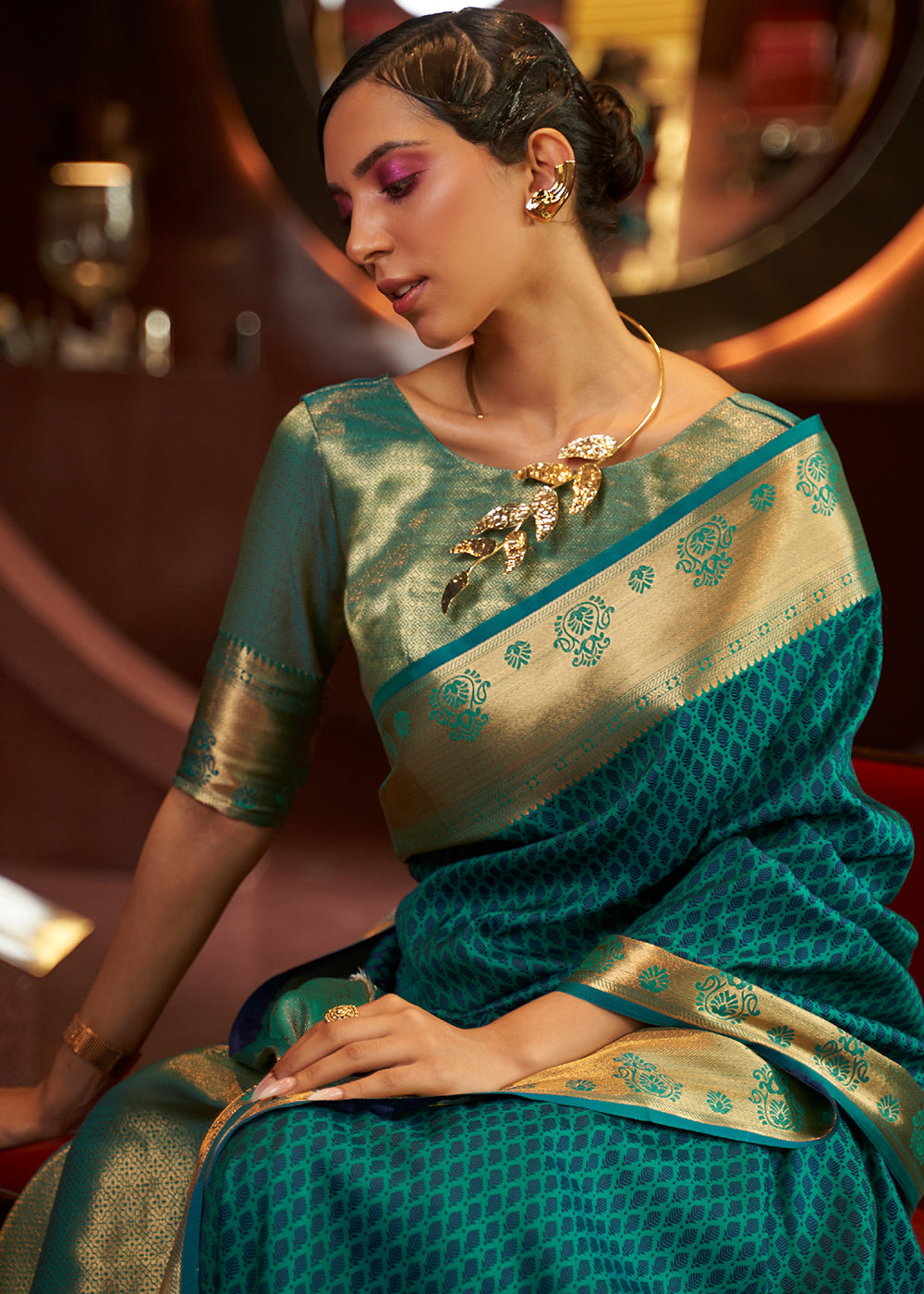 Dark Cyan Green Handloom Woven Banarasi Silk Saree