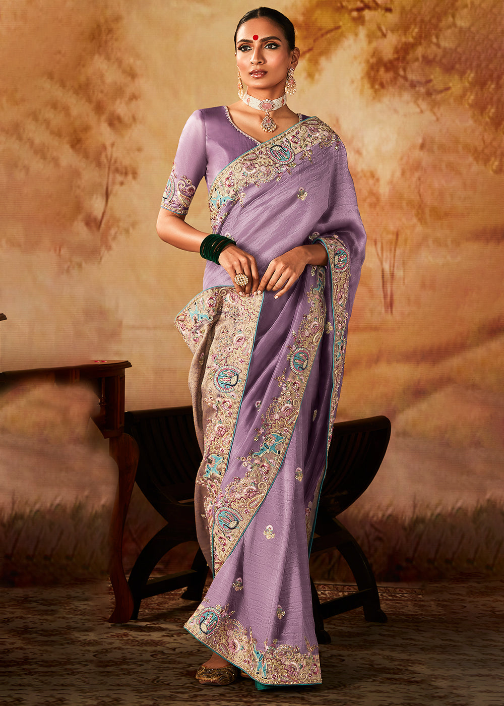 Floral Purple Woven Banarasi Silk Saree with Sequin,Stone,Zardosi,Khatli & Pearl work