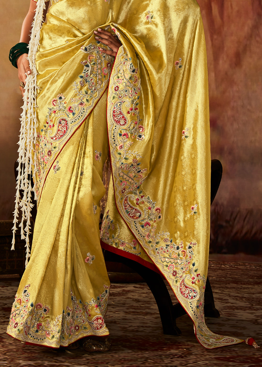 Bumblebee Yellow Woven Banarasi Silk Saree with Sequin,Stone,Zardosi,Khatli & Pearl work