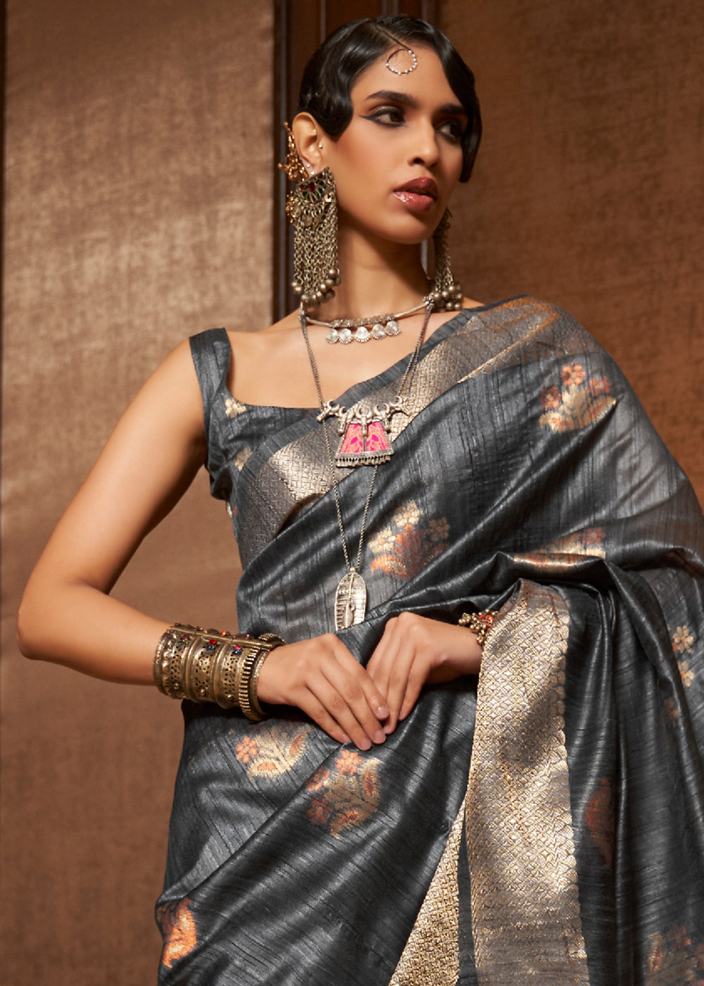 Anchor Grey Handloom Weaving Silk Saree