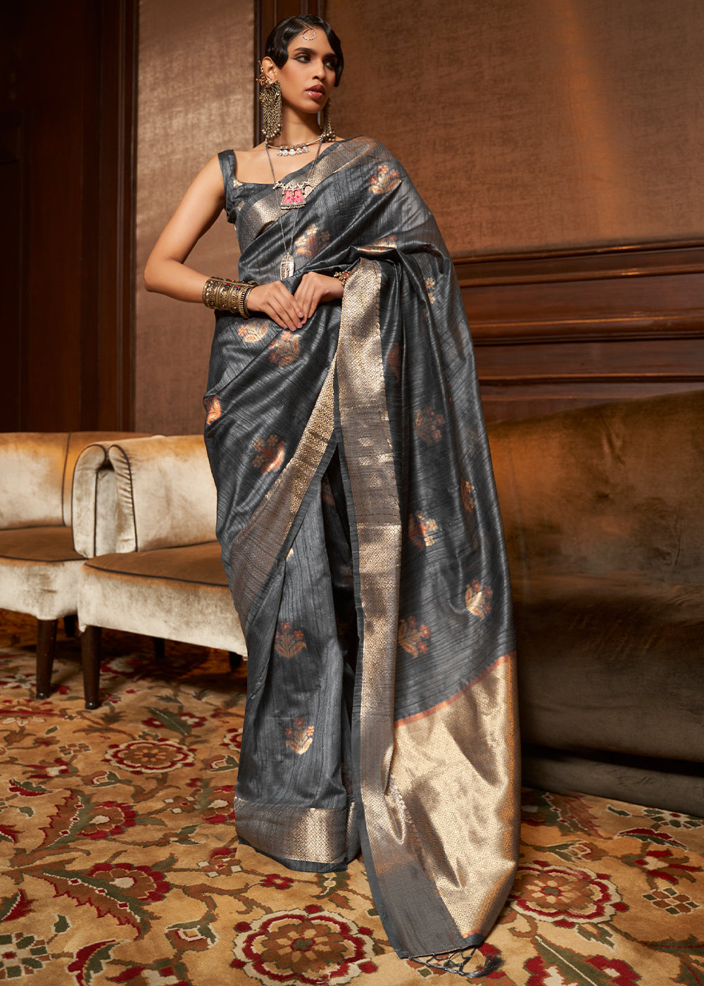 Anchor Grey Handloom Weaving Silk Saree