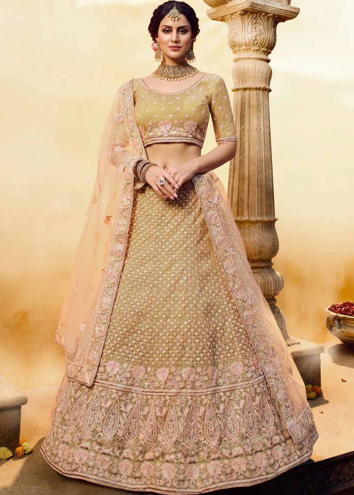 Golden Gota Silk and Soft Net Bridal Lehenga Choli with Resham Embroidery and Aari work