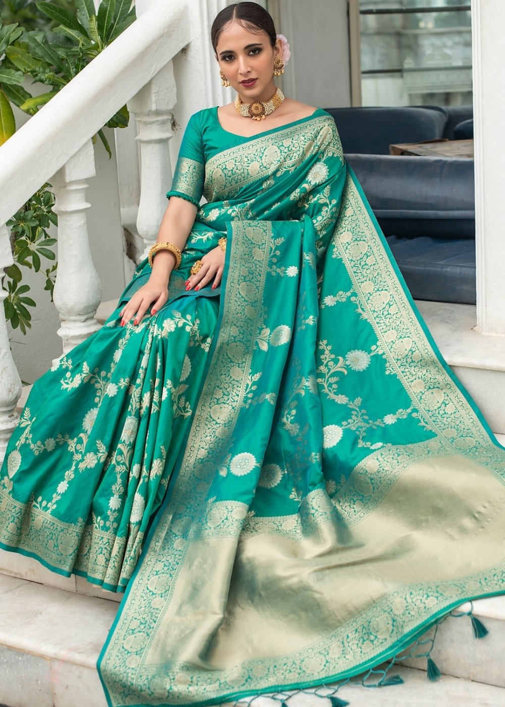 Teal Blue Soft Banarasi Silk Saree with Floral Zari work