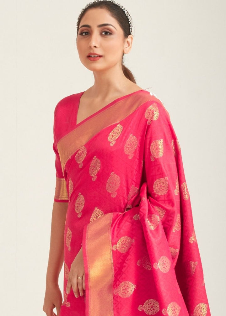 French Rose Pink Zari Butta Woven Banasari Silk Saree