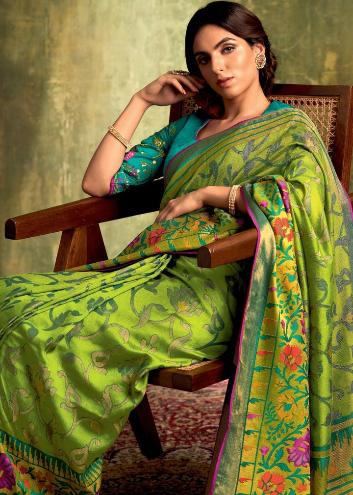 Slime Green Designer Soft Brasso Silk Saree