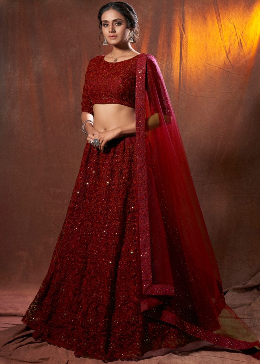 Barn Red Designer Soft Net Lehenga Choli with Thread & Sequins work