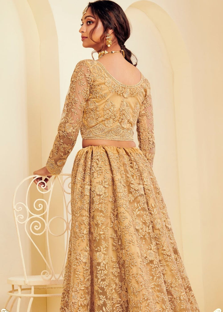 Antique Golden Soft Net Lehenga Choli with Cording Embroidery &  Stone work