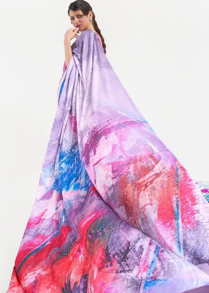 Periwinkle Purple Digital Printed Satin Crepe Saree