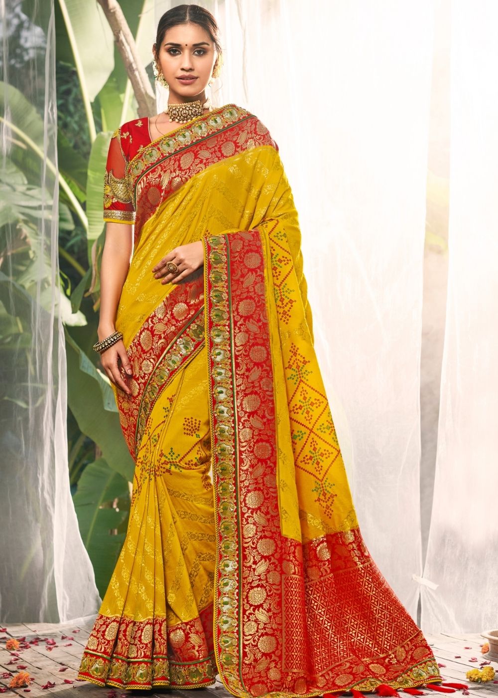 Butter Yellow and Red Banarasi Dola Silk Saree with Resham Embroidery, Zari and Sequence work