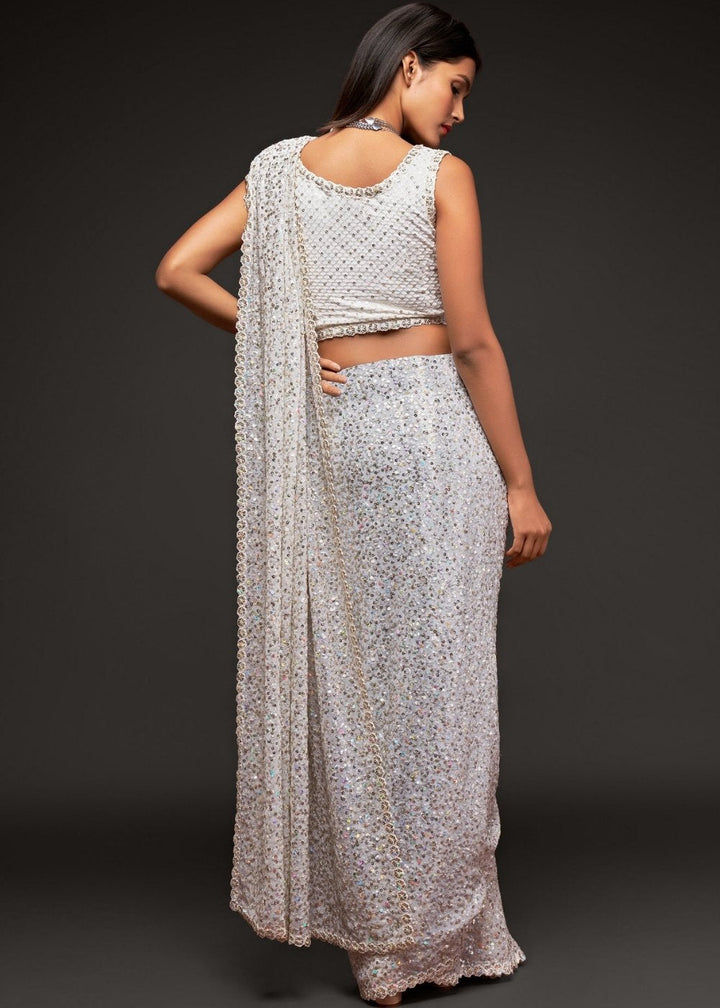 Pearl White Sequins & Thread Embroidered Designer Georgette Saree: Top Pick