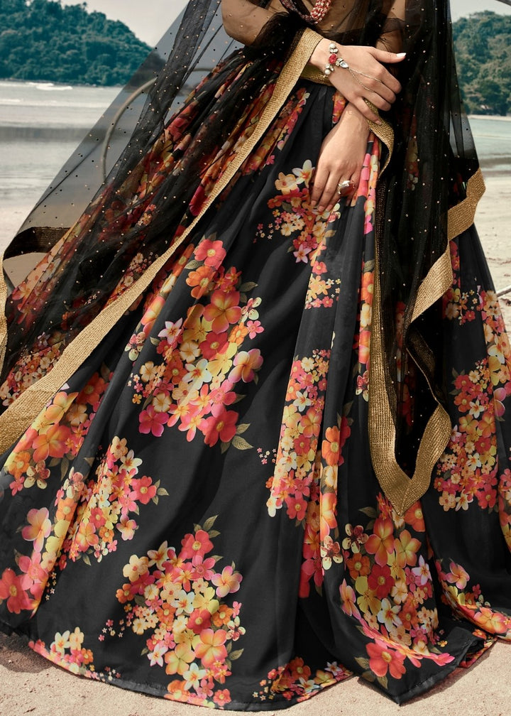 Onyx Black Designer Printed Organza Lehenga with Soft Net Dupatta