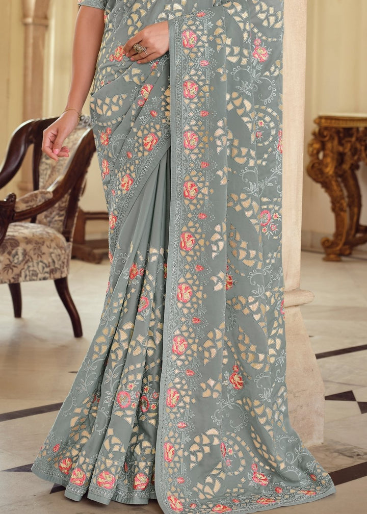 Lava Grey Designer Satin Georgette Saree with Gota & Resham work