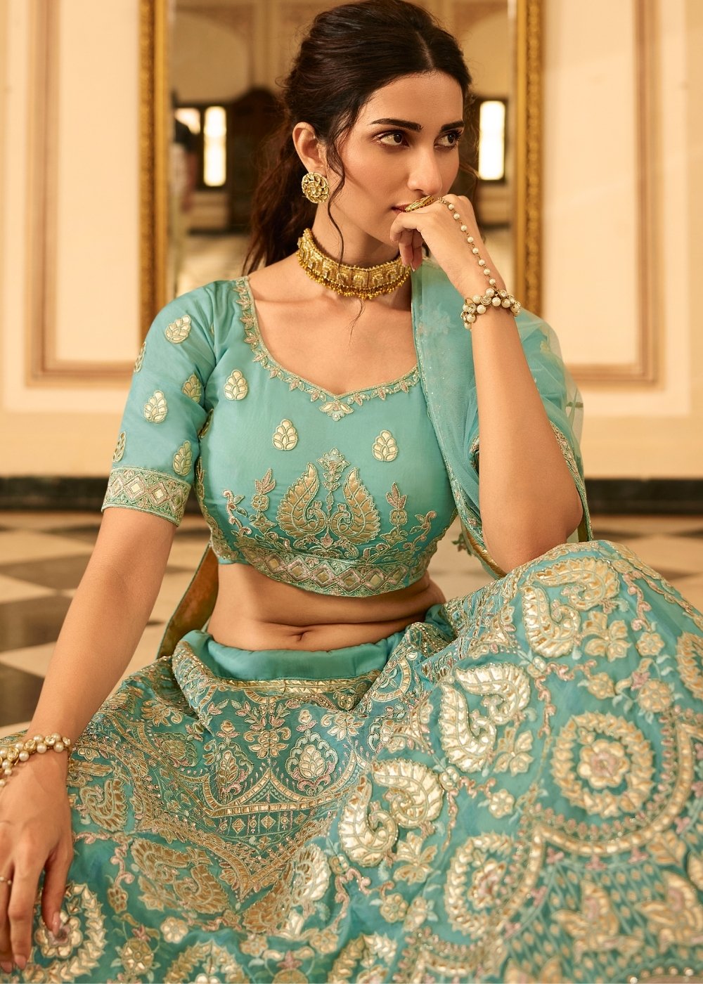 Turquoise Blue Organza Lehenga Choli with Zari, Dori, Resham, Gota & Zarkan work