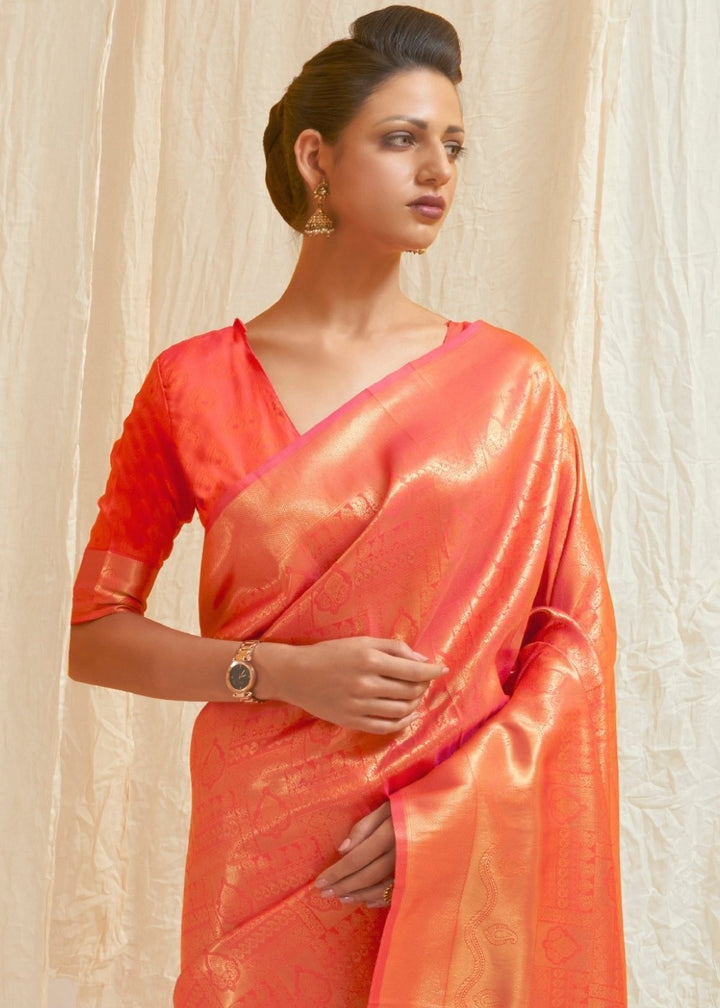 Salmon Orange & Golden Blend Kanjivaram Silk Saree