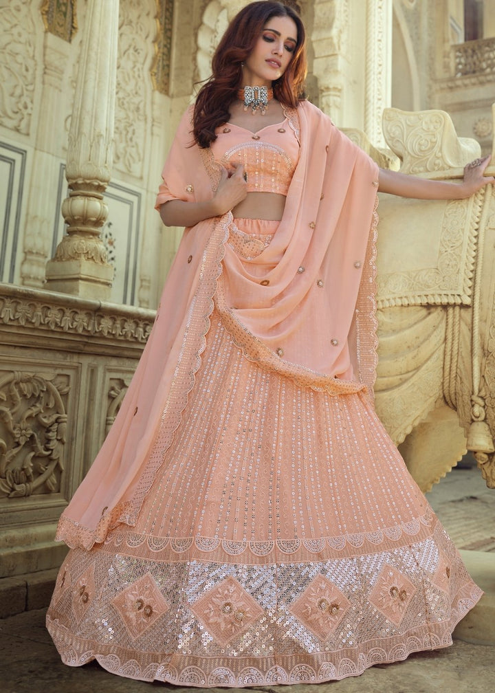 Salmon Pink Georgette Lehenga Choli with Sequins & Thread work