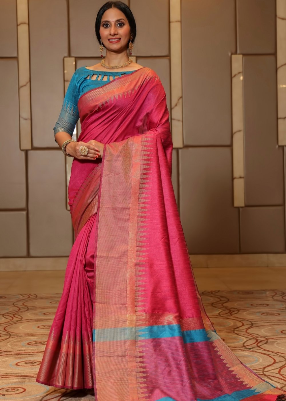 Hot Pink Art Silk Saree with Temple Border