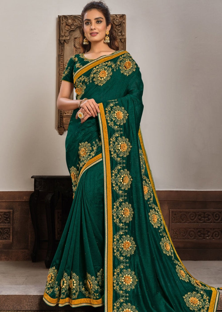 Deep Green Georgette Silk Saree with Resham, Zari & Cord Embroidery