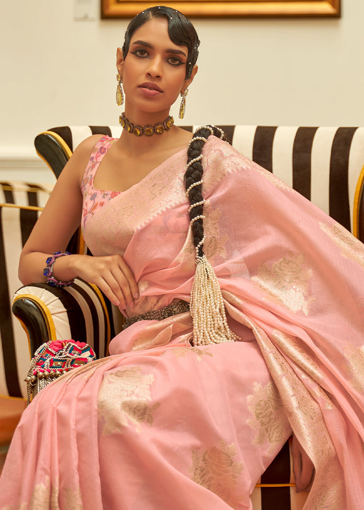 Lemonade Pink Handloom Woven Silk Saree with Kashmiri Pallu