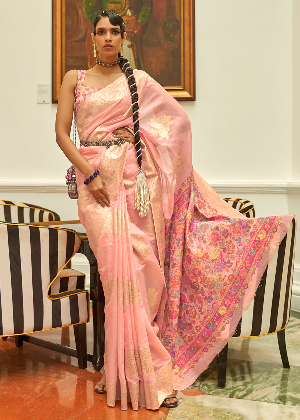 Lemonade Pink Handloom Woven Silk Saree with Kashmiri Pallu