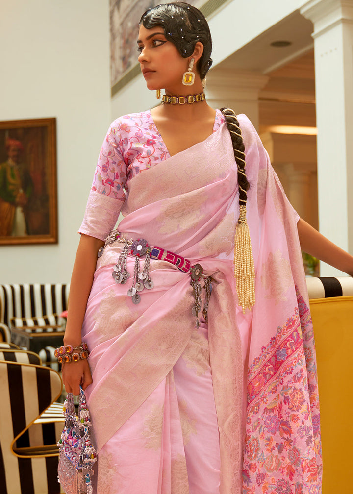 Baby Pink Handloom Woven Silk Saree with Kashmiri Pallu