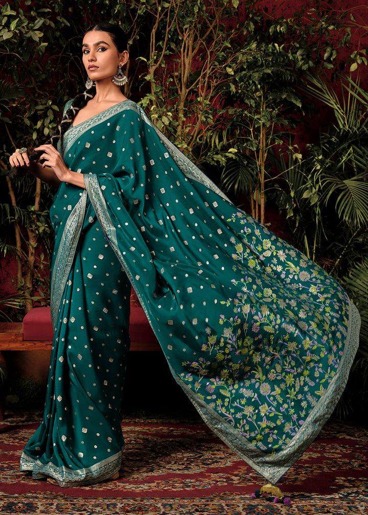 Dark Cyan Green Zari Woven Dola Silk Saree with Designer Pallu