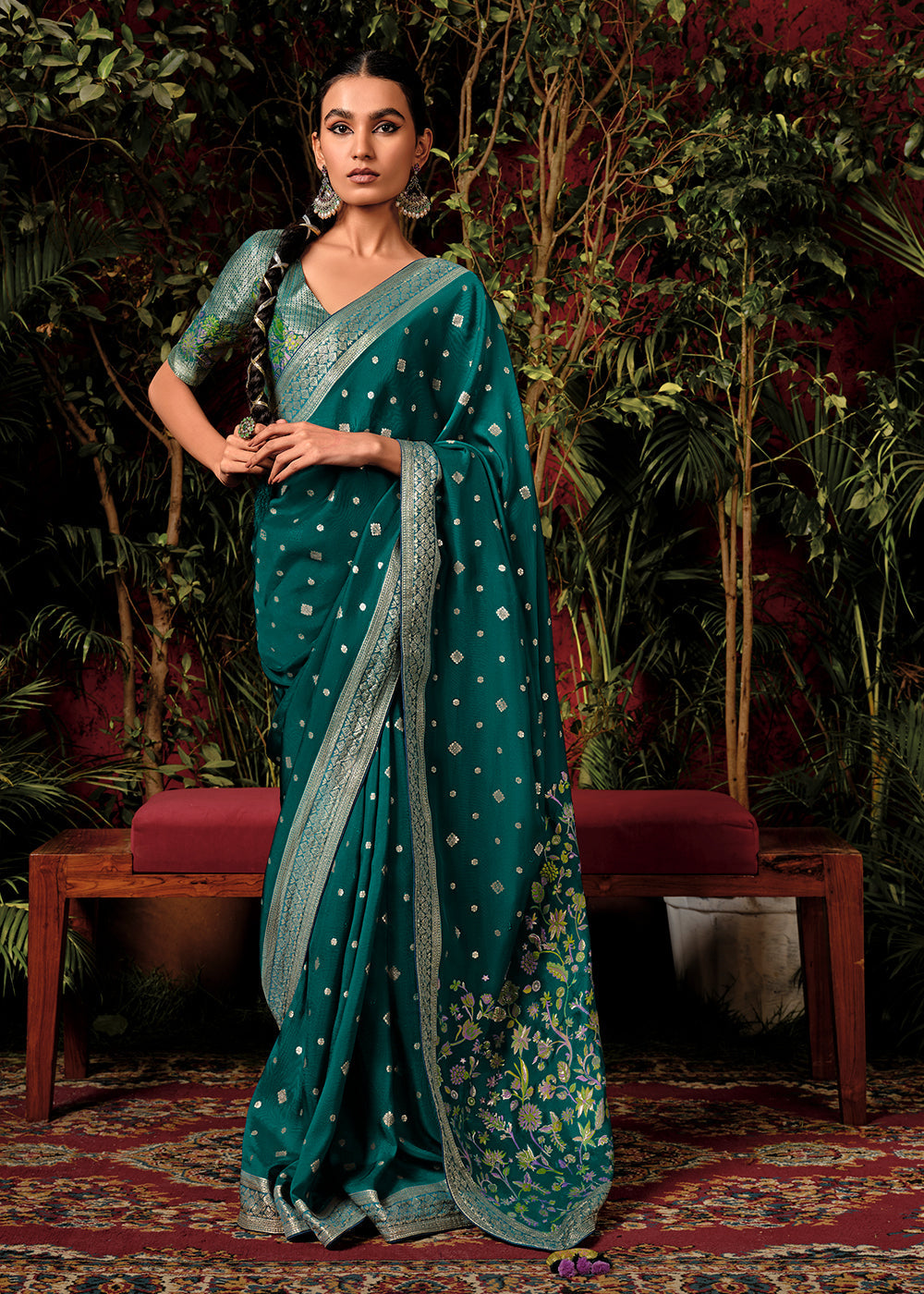 Dark Cyan Green Zari Woven Dola Silk Saree with Designer Pallu