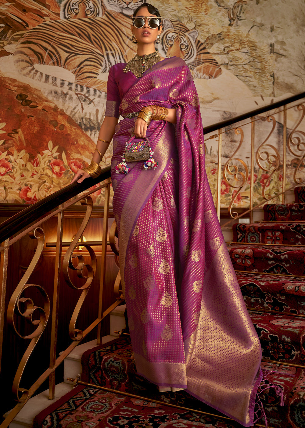 Dark Orchid Purple Woven Banarasi Silk Saree