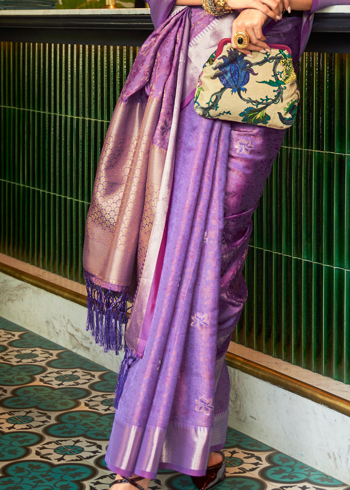 French Purple Handloom Weave Organza Silk Saree