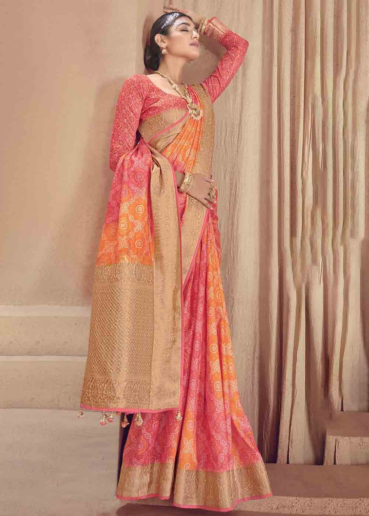 Pink & Yellow Zari Woven Raw Silk Saree