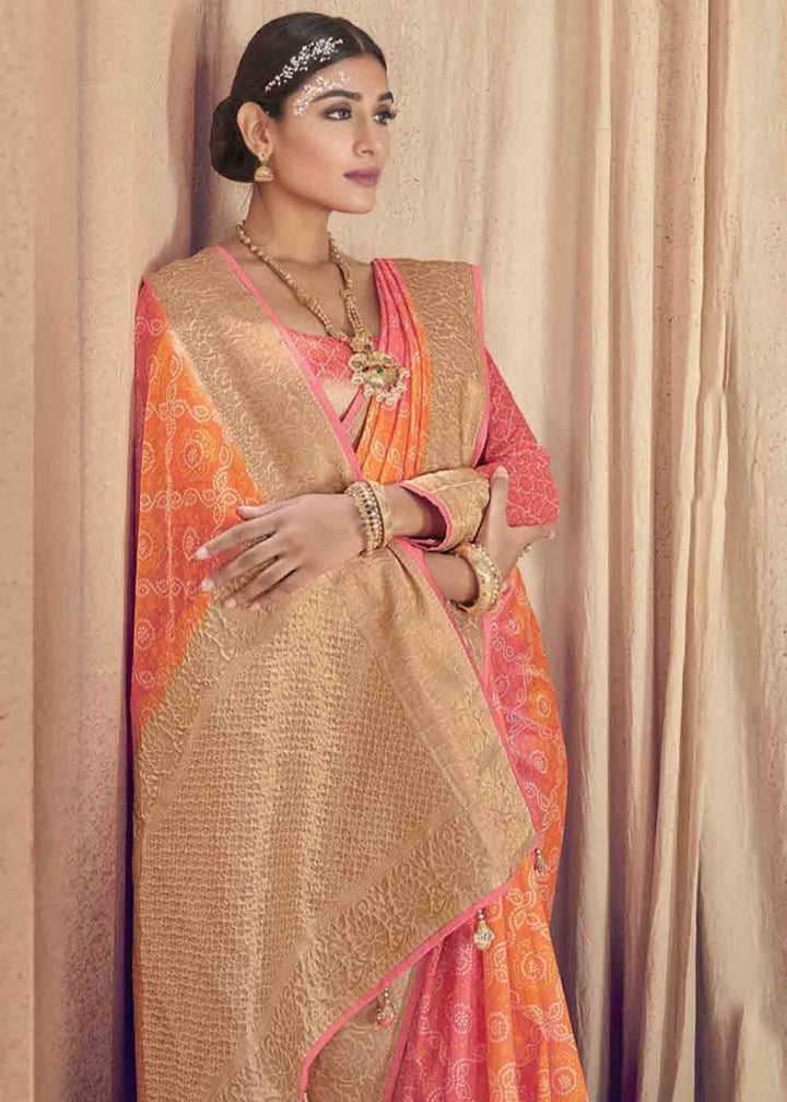 Pink & Yellow Zari Woven Raw Silk Saree